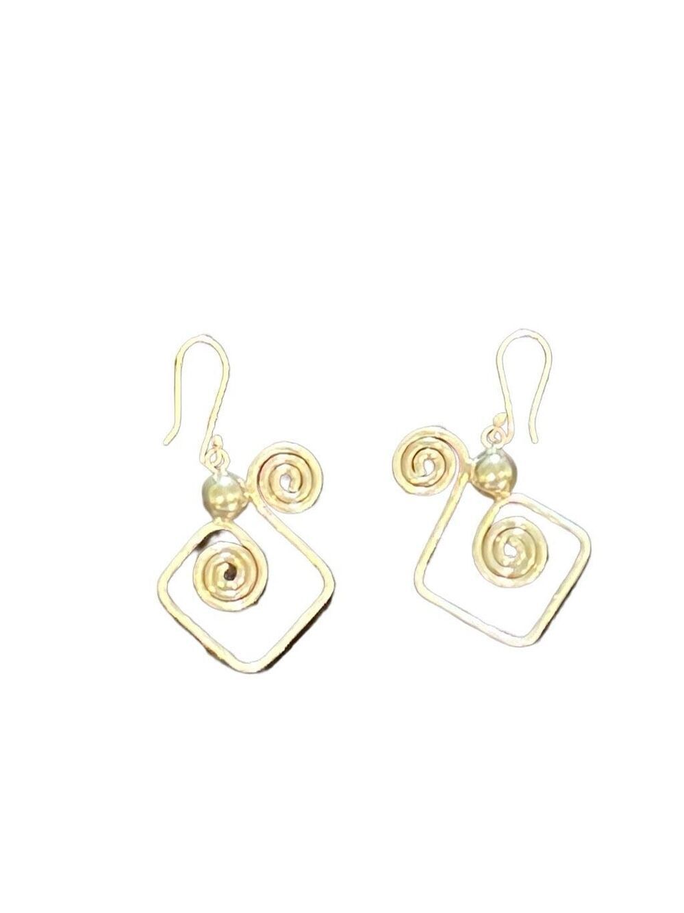 Large handcrafted sterling silver square dangle earrings with scrolls